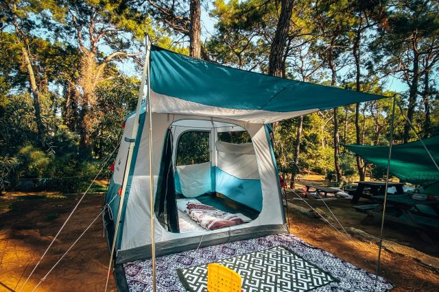 A cozy campsite with a tent in a forest setting under tall trees.
